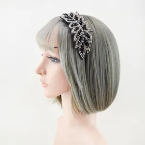 Crystal beaded leaf headband detail view, elegant rhinestone hair accessory for women styling.