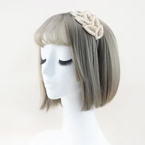Handmade crystal beaded leaf headband elegant rhinestone hair hoop detail view parts.