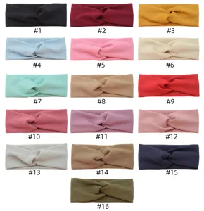 Detail view of 16 vibrant colored twist headbands, elastic breathable fabric, sports.