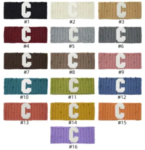 Knitted headband with letter C patch, distressed winter warm hair band, 16 colors available.