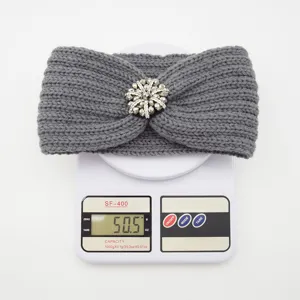 Grey knitted headband with sparkling crystal flower decoration winter warm hair accessory 50.5g