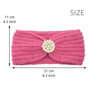 Pink knitted headband detail showing exquisite pearl rhinestone centerpiece and 21x11cm dimensions.