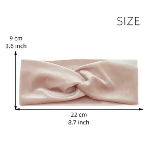 Dimension details of the pink velvet twisted headband, showing length and width sizes.