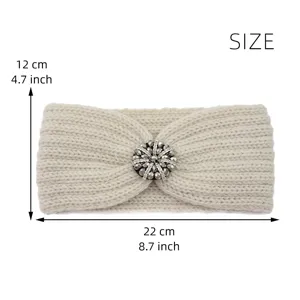 Beige knitted headband with sparkling rhinestone crystal flower brooch warm winter hair accessory