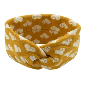Detailaufnahme des gestrickten Stirnbandes mit Herzmuster und feiner Jacquardstruktur.