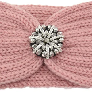 Pink knitted headband detail, cozy winter ear warmer with sparkling rhinestone crystal center button.