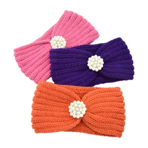 Women winter knit headband with pearl flower decoration warm wool hair band sports yoga accessories