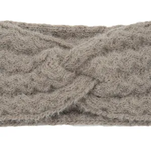 Close-up detail of cozy winter twisted knit headband plush warm hair accessory for women.