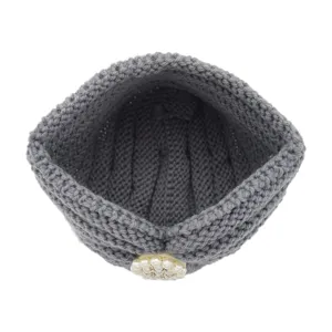 Grey knitted turban hat with pearl brooch, stylish winter warm beanie for women boho headwear.