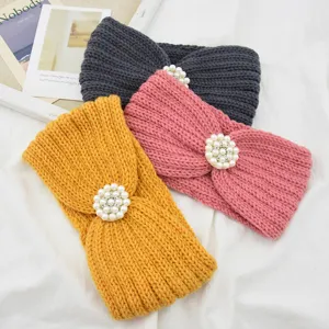 Western Style Polyester Knitted Hair Band With Artificial Pearl Rhinestone Flower Warm Headband For Women Yoga Sport Headwear