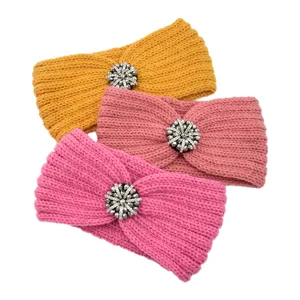 Knitted headband winter warm ear cover rhinestone flower hair accessory yoga sports fashion set