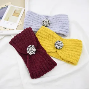Knitted rhinestone headband set, wide winter warm hair band, elegant crystal flower ear warmer.