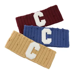 Knit headband with letter C patch, distressed wool hair band for sports, yoga, and face washing.