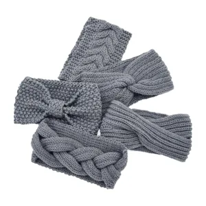 Grau gestrickt Stirnband Set Winter warm Haarschmuck geflochten Schleife Haarreifen Damen