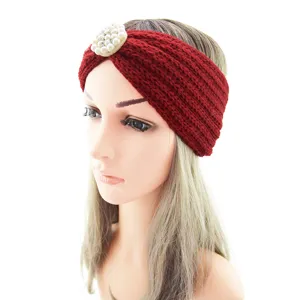 Red knitted pearl headband for women, stylish winter warm hair accessory, yoga sports hair hoop.