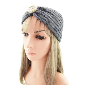 Grey knitted headband with pearl rhinestone decoration for women winter warm hair accessory.