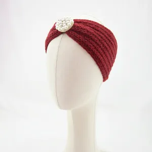 Women winter warm knitted headband with pearls rhinestones elastic hair hoop hair accessories