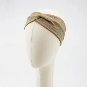 Khaki ribbed twist headband for women, elastic knitted fabric hair hoop daily wear.