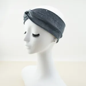 Grey velvet cross headband for women, elastic hair hoop for sports, yoga, and daily wear.