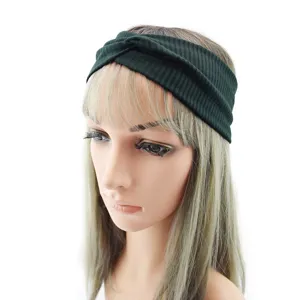 Dark green ribbed twist headband for women, elastic knitted hair band for daily yoga sports wash face.