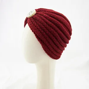 Wine red knitted turban hat with pearl brooch, winter warm bohemian head wrap for women.