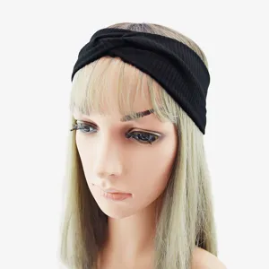 Black ribbed knotted headband for women, elastic stretch fabric hair band for daily sports.