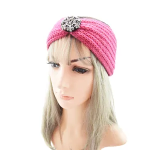 Pink knitted rhinestone headband winter warm ear warmer hair accessory for women detail