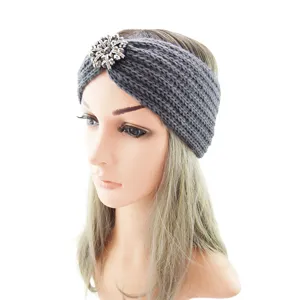 Grey knitted headband detail, winter warm ear warmer with crystal rhinestone decor, soft wool.
