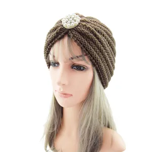 Brown knitted turban hat with pearl rhinestone detail, stylish boho headwear for women.