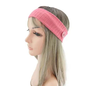 Bandeau en tricot côtelé rose avec bouton, bande de cheveux élastique douce pour sport et yoga.