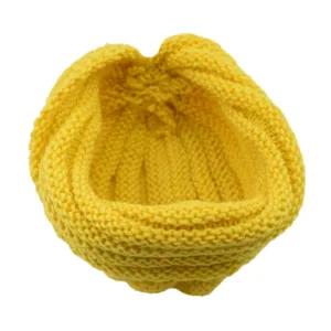 Yellow knit beanie hat detail, chunky knit texture design for cozy autumn winter daily wear.