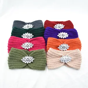 Knitted headband set with rhinestone crystal flower detail, cozy winter hair accessories.