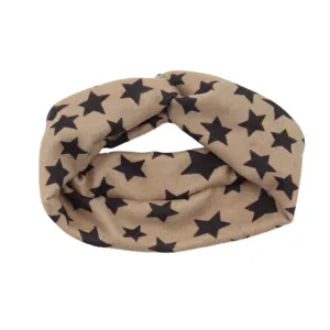 Khaki star print cross headband for women, stylish fabric hair band for yoga, sports and daily use.