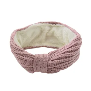 Pink knitted fleece-lined headband with bow warm winter hair band for women and girls