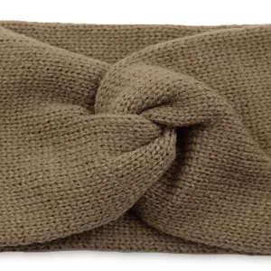 Close-up detail of a brown knitted headband featuring a stylish twist design and soft texture.