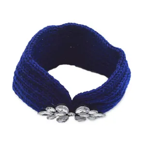 Blue knitted headband with crystal rhinestones warm winter ear warmer hair accessory for women