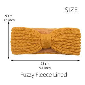 Detailed view of a warm yellow fleece-lined knit headband featuring a stylish bow knot.