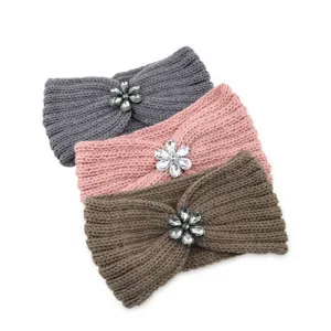 Knitted rhinestone flower headband set, soft warm winter hair accessory for women yoga sports.
