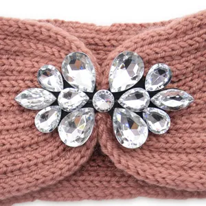 Pink knit rhinestone headband detail, sparkling crystal flower ear warmer for autumn winter style