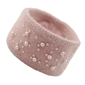 Rosa Strick Kunstnerz Perlen Stirnband für Damen, stilvolles warmes Winter Haarband