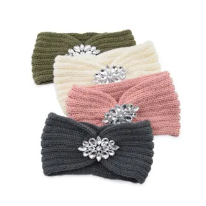 Knitted rhinestone headband set, sparkle crystal flower warm hair band for daily wear.