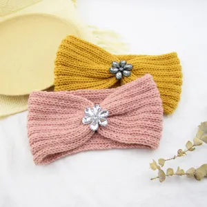 Knitted flower crystal rhinestone headbands warm winter wool hair accessories for women girls.