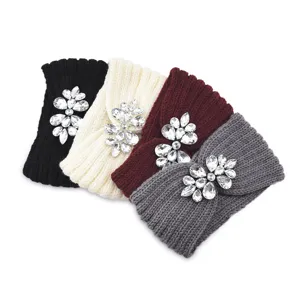 Chic crystal knitted headband detail shot showing multi-color rhinestone ear warmer variants.