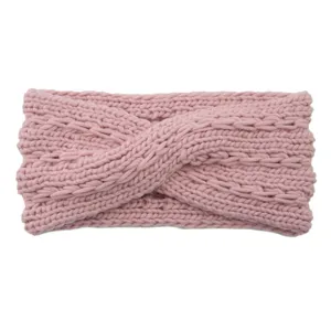 Cozy pink chunky knit headband with twisted design, soft winter ear warmer hair accessory.