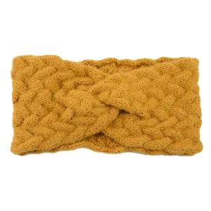 Close-up of the textured cable knit headband detail, showing soft wool material and twist design.