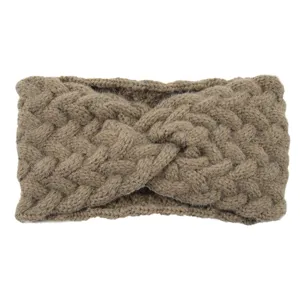 Knit headband detail view, cozy winter twist design, soft fuzzy ear warmer for women.