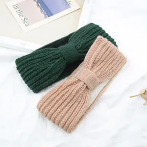 Fleece lined knitted headband with cute bow, winter warm wool hair band and ear warmer for women.