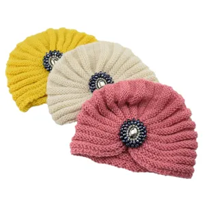 Bohemian Rhinestone Flower Knitted Indian Turban Hat For Women Retro Winter Warm Crystal Beanie Cap Fashion Headwear Accessory