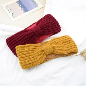 Winter warm knitted bow headband fleece lined thick hair band stylish ear warmer hair accessories