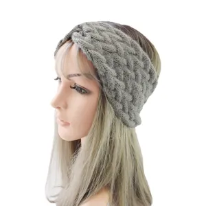 Grey knit twist headband for women, cozy winter ear warmer and stylish hair accessory detail.